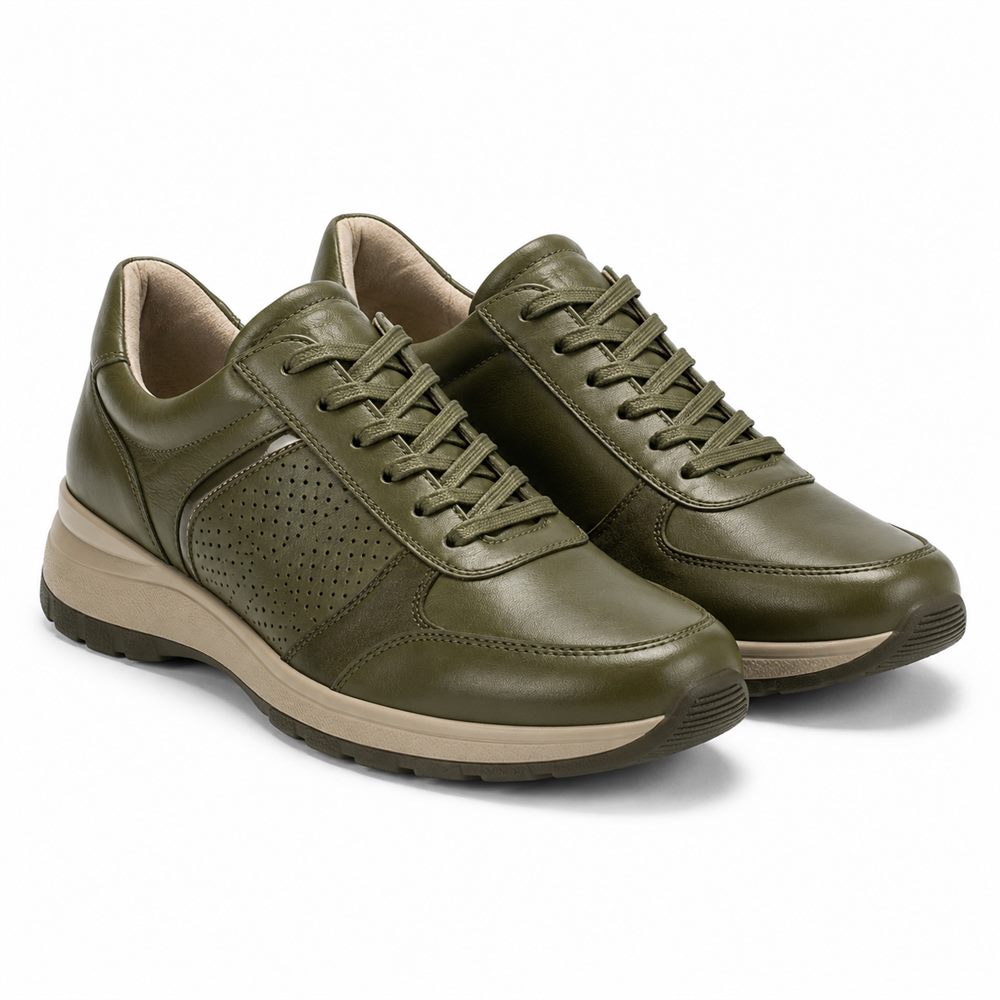 Foglia - Sneaker pelle verde oliva con suola sabbia