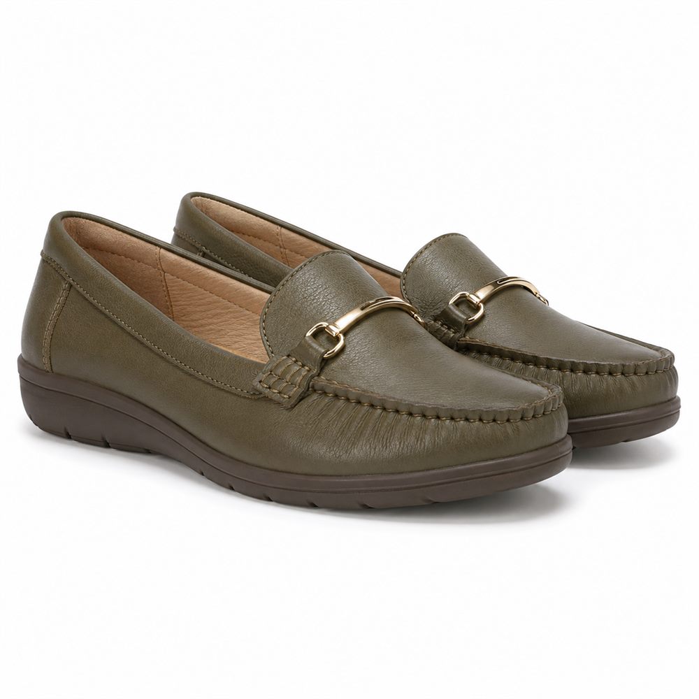 Oliveta - Mocassino verde oliva con morsetto oro